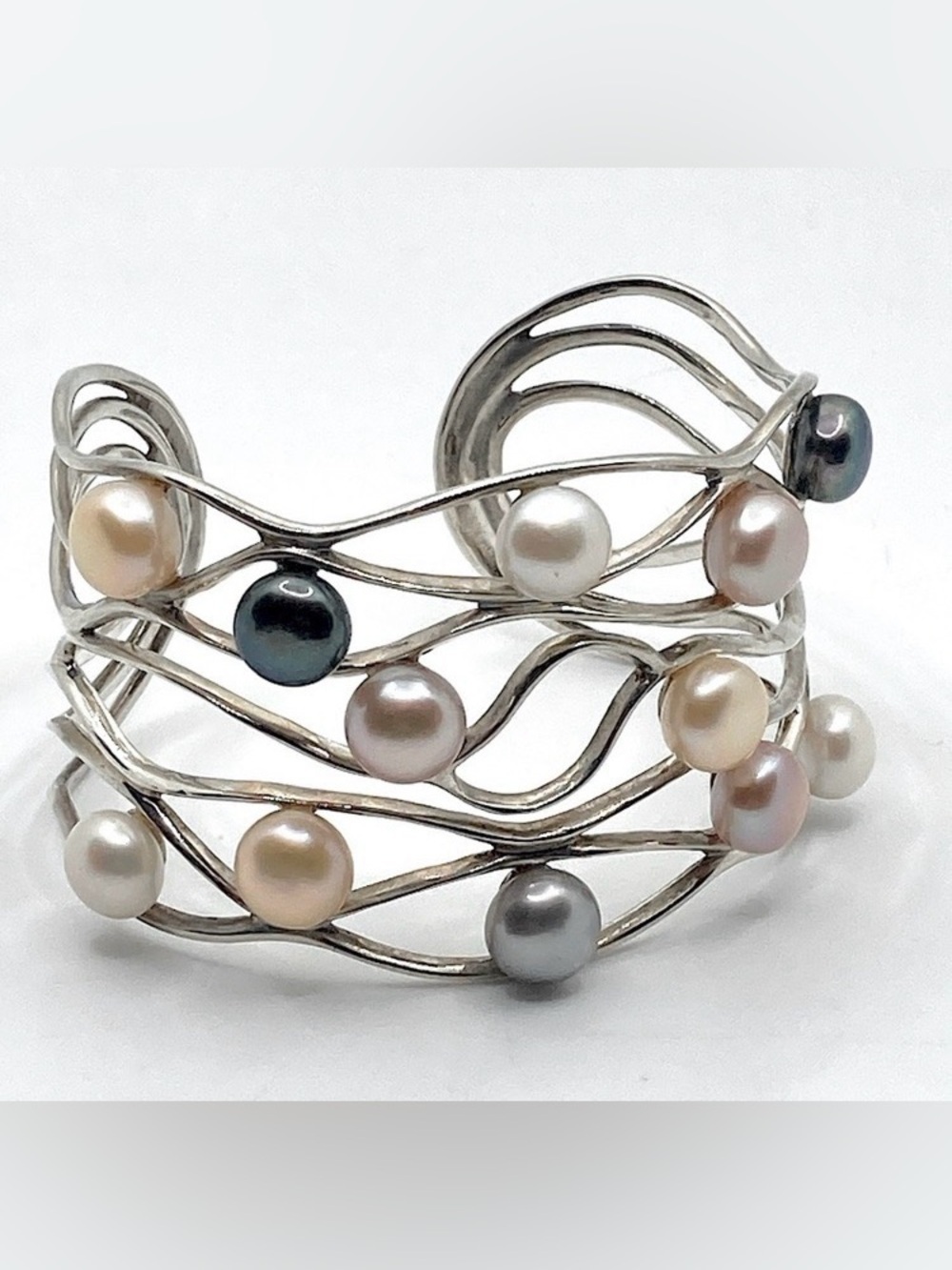STERLING Silver & Pearl Multi Colour Pearls wide Cuff Bracelet 7” / 44g